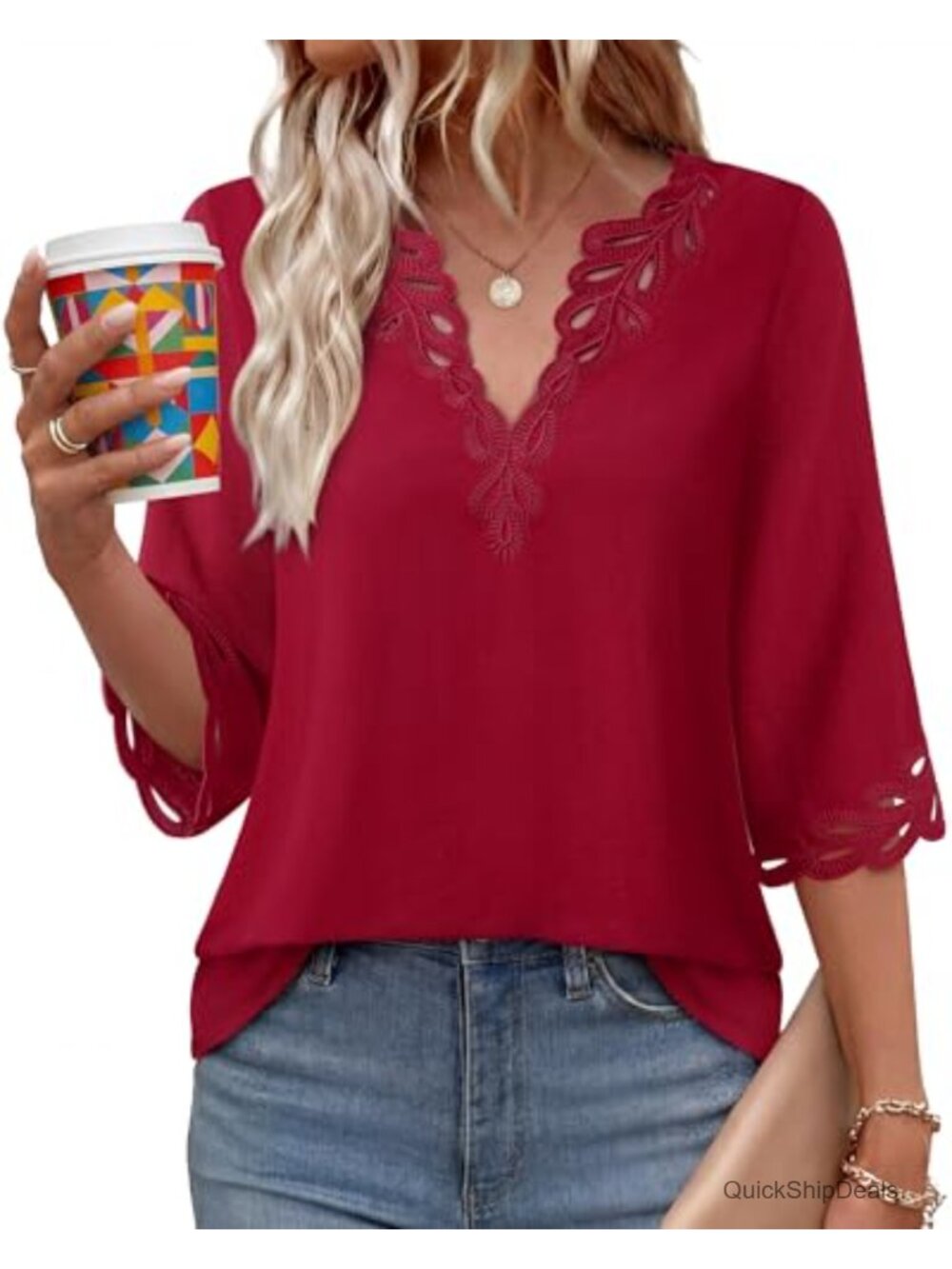 Lotusmile Womens Bohemian Eyelet Embroidery V Neck 3/4 Sleeve Blouse